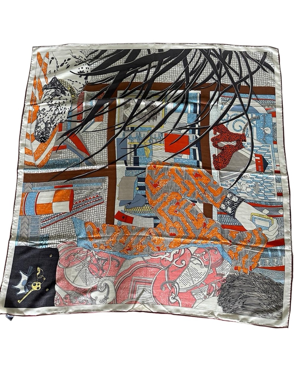 Cashmere-Silk 130cm Shawl Scarf in Orange, Blue & Black